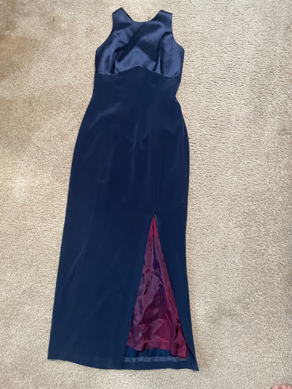 Tahari Navy Maxi Dress with Burgundy Lining